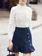 Romwe White Backless Contrast Crochet Hollow Out Ruffle Dress