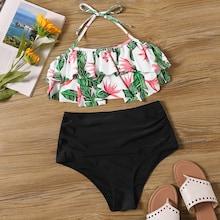 Romwe Random Tropical Ruffle Top With Ruched Bikini