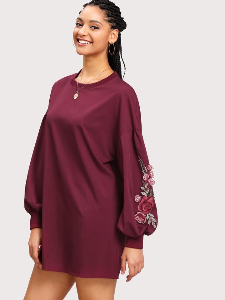Romwe Flower Applique Lantern Sleeve Dress