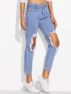 Romwe Blue Distressing Ripped Knees Jeans
