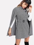Romwe Self Belted Houndstooth Cape Coat