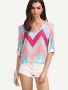 Romwe Zig-zag Print Rolled Sleeve Blouse