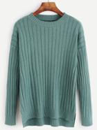 Romwe Green Drop Shoulder Slit Side High Low Sweater