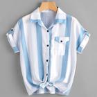 Romwe Pocket Patch Knot Front Striped Shirt