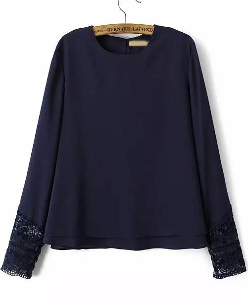 Romwe Lace Loose Chiffon Blue Blouse