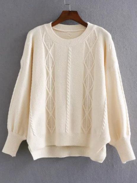 Romwe Beige Diamond Pattern Dolman Sleeve Dip Hem Sweater