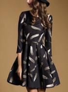 Romwe Black Round Neck Length Sleeve Print Dress