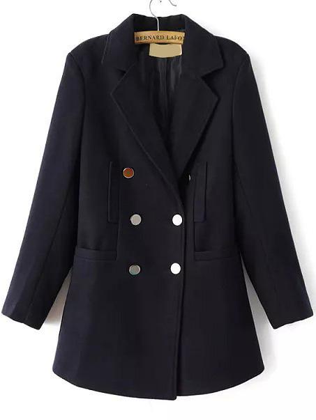 Romwe Lapel Double Breasted Slit Back Woolen Black Coat