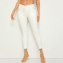 Romwe Pearl Trim Cuffed Hem Skinny Jeans