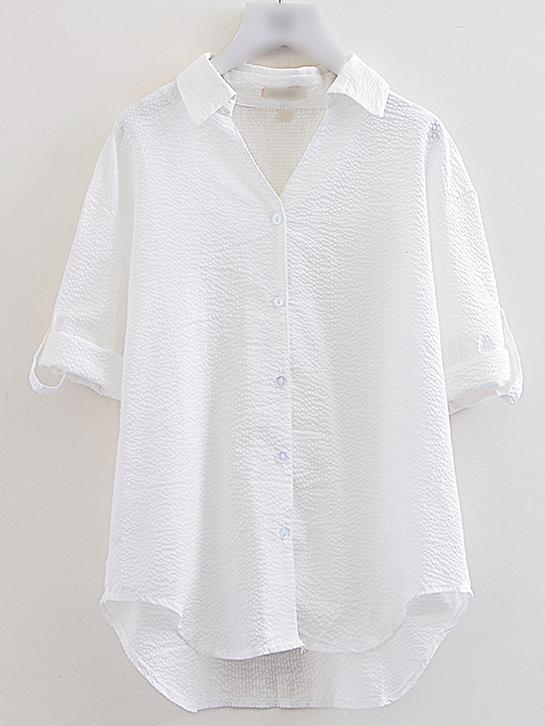 Romwe White Roll-up Sleeve Lapel High Low Stripe Blouse