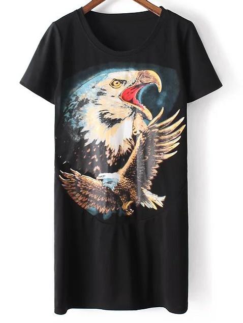 Romwe Black Short Sleeve Eagle Print T-shirt Dress