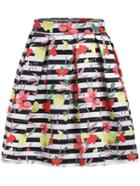Romwe Striped Floral Flare Skirt