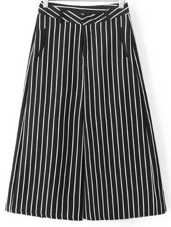 Romwe Black White Pockets Stripe Wide Leg Pants