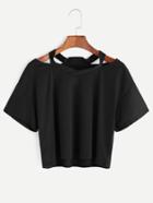 Romwe Black Cut Out Neck Crop T-shirt