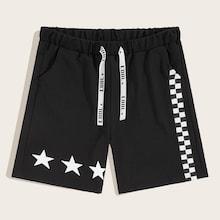 Romwe Guys Letter Drawstring Checkered Tape Shorts