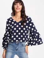 Romwe Tiered Bell Sleeve Polka Dot Blouse