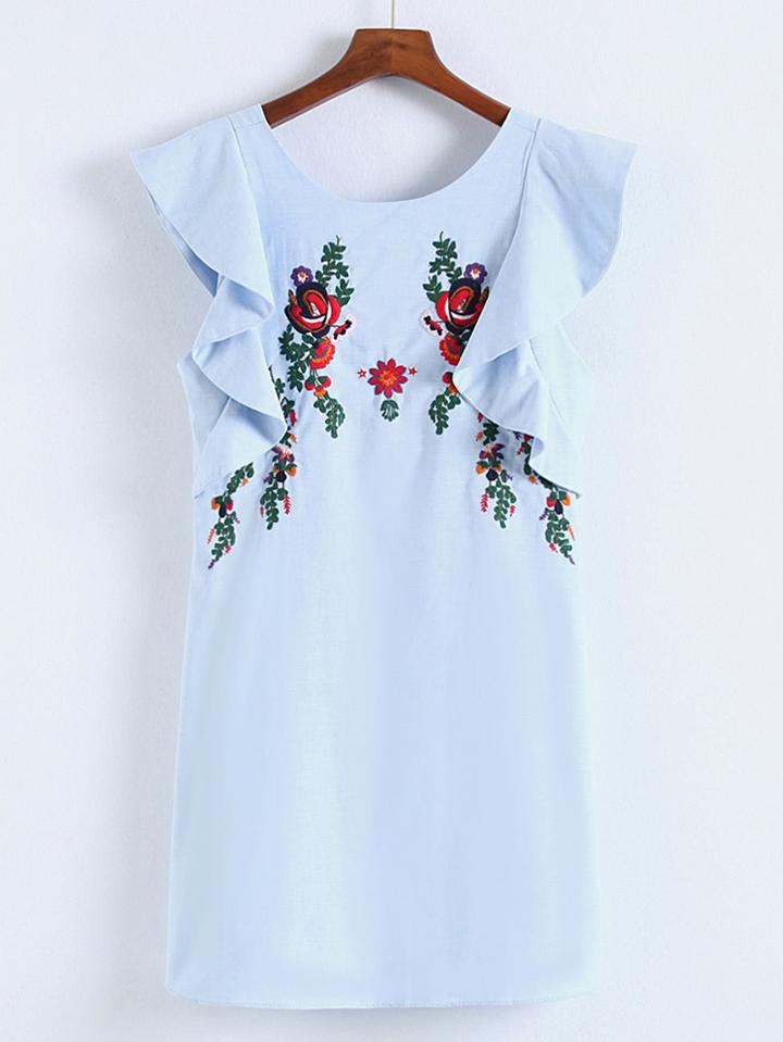 Romwe Flower Embroidery Ruffle Tiered Dress