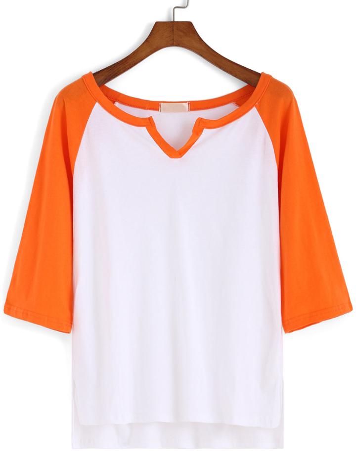 Romwe V Neck Dip Hem Orange T-shirt