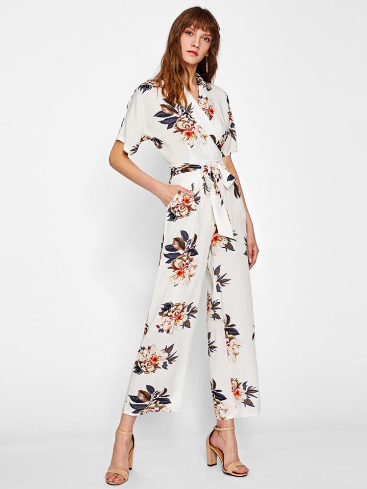 Romwe Flower Print Self Belted Shirt Jumpsuit