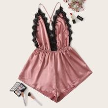 Romwe Criss Cross Eyelash Lace Satin Romper