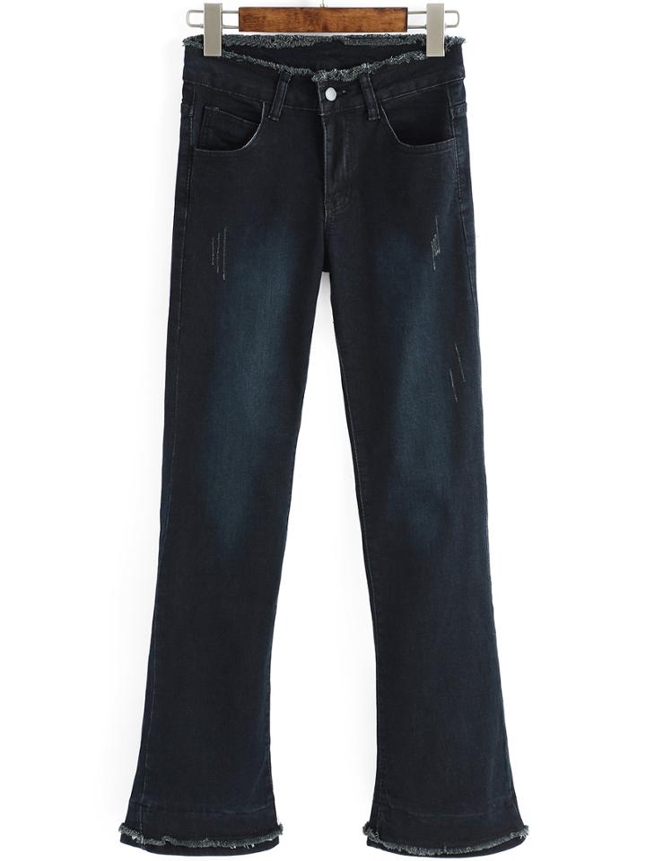 Romwe Fringe Scratch Denim Bell Pant
