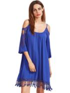 Romwe Royal Blue Open Shoulder Crochet Lace Sleeve Tassel Dress