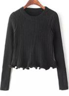 Romwe Black Round Neck Long Sleeve Peplum Knit Sweater