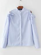 Romwe Blue Vertical Striped Open Shoulder Blouse With Bow Tie