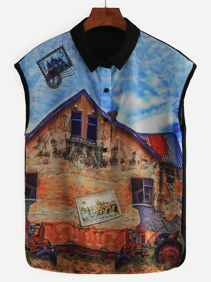 Romwe Contrast Collar Graphic Print Sleeveless Top