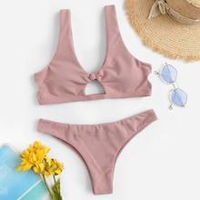 Romwe Knot Cut Out Front Textured Bikini Set