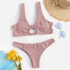 Romwe Knot Cut Out Front Textured Bikini Set
