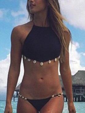 Romwe Beaded High Neck Bikini Set