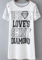 Romwe With Sequined Letter Print White Dress
