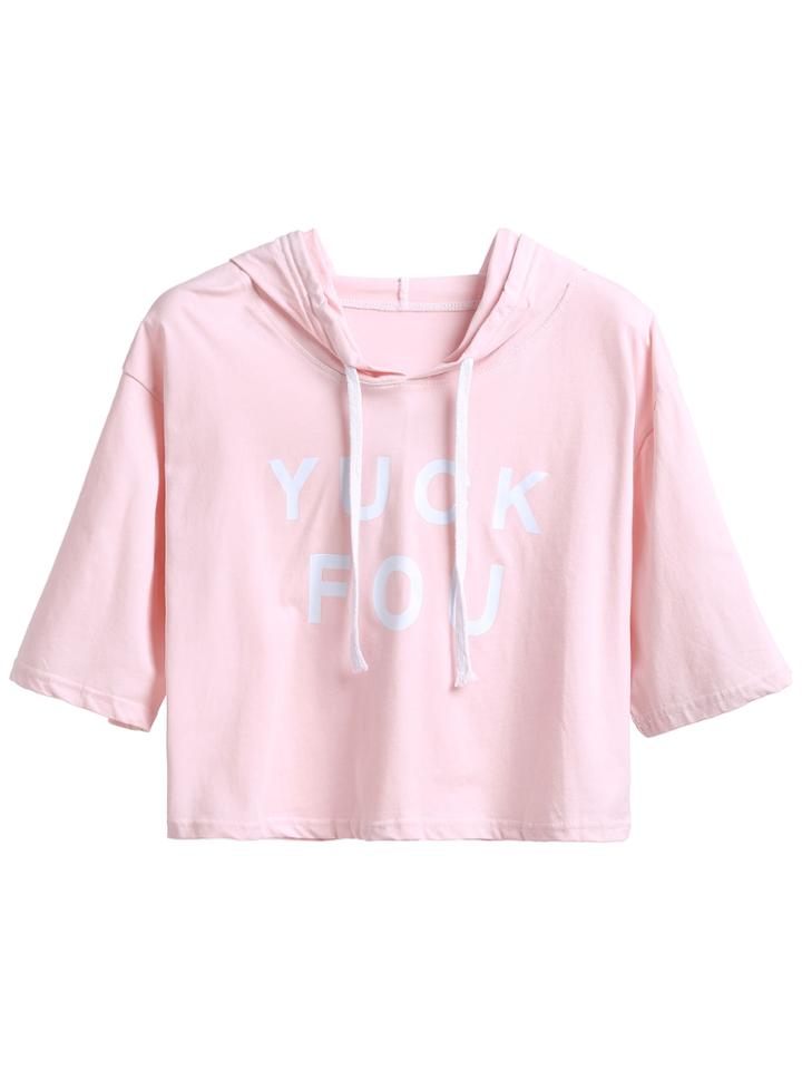 Romwe Pink Letter Print Drawstring Hooded Crop T-shirt