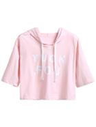Romwe Pink Letter Print Drawstring Hooded Crop T-shirt