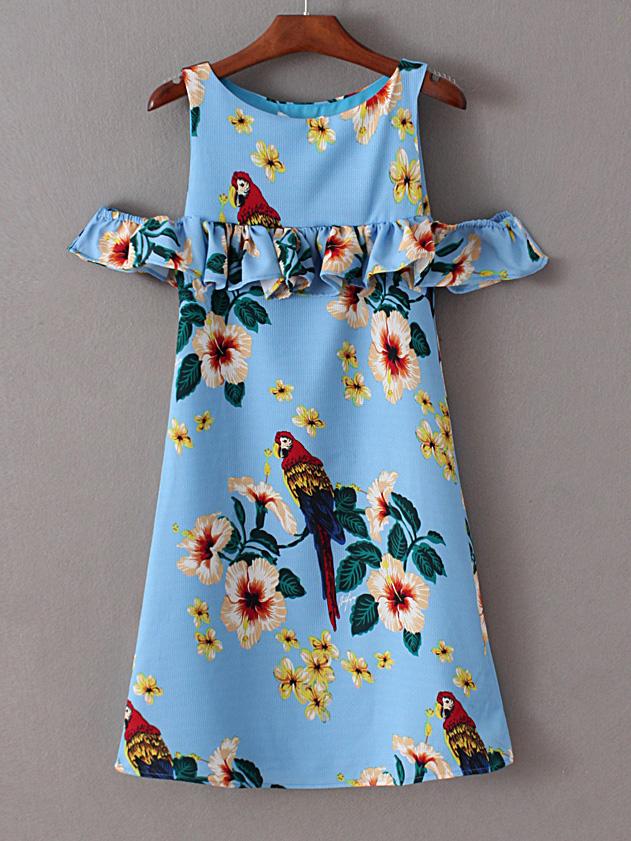 Romwe Blue Cold Shoulder Printed Ruffle Dress