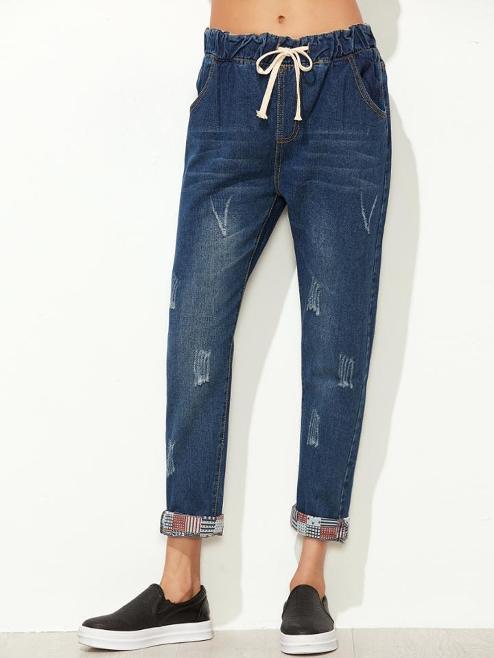 Romwe Blue Bleach Wash Drawstring Cuffed Jeans