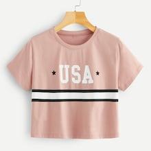 Romwe Letter Print Color-block Striped Tee