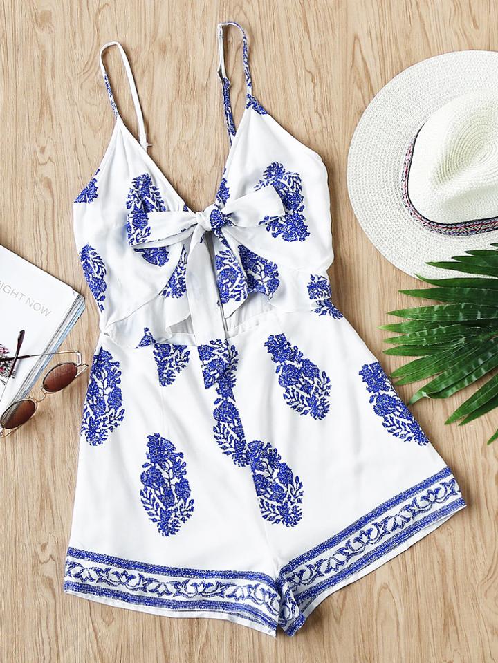 Romwe Cami Straps Bow Tie Front Cutout Midriff Playsuit