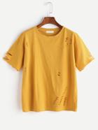 Romwe Yellow Ripped Short Sleeve T-shirt
