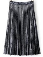 Romwe Grey Pleated Midi Velvet Skirt
