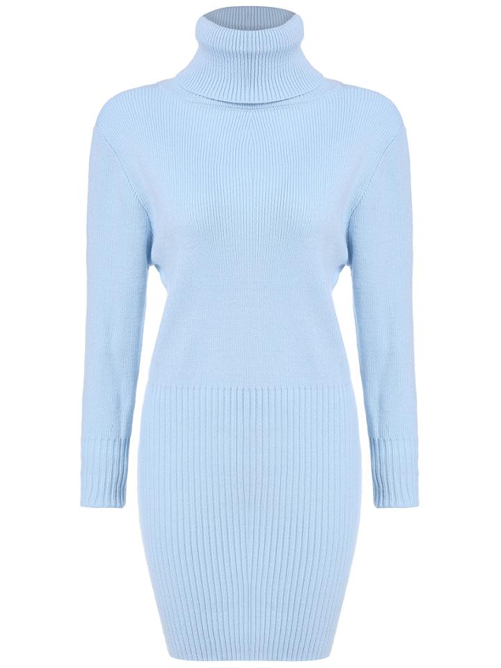 Romwe Turtleneck Sheath Sweater Blue Dress