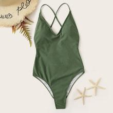Romwe Criss Cross Open Back One Piece Swimsuit