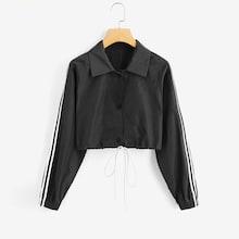 Romwe Striped Tape Side Drawstring Hem Jacket