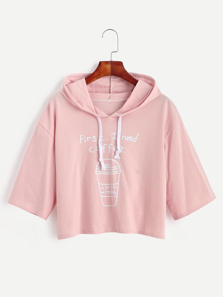 Romwe Pink Coffee Cup Slogan Print Drawstring Hooded T-shirt