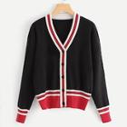 Romwe Button Up Striped Knit Coat