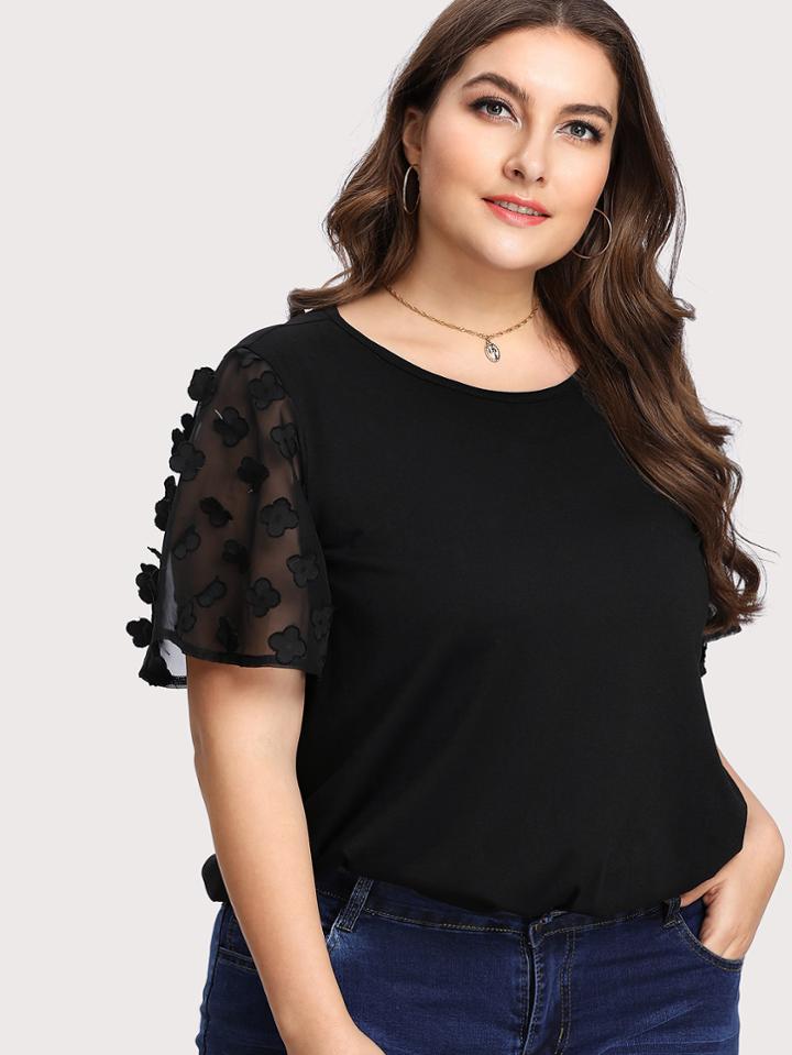 Romwe Flower Applique Sheer Sleeve Tee
