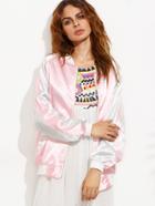 Romwe Pink Daisy Embroidered Raglan Sleeve Satin Baseball Jacket