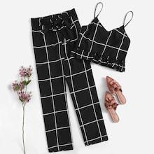 Romwe Leopard Ruffle Hem Cami Top & Pants Pj Set