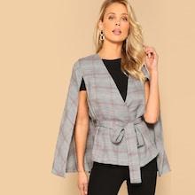 Romwe Waist Belted Plaid Cape Coat
